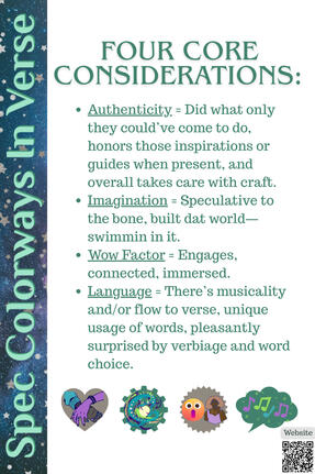 Four core considerations: Authenticity = Did what only they could've come to do, honors those inspirations or guides when present, and overall takes care with craft.; Imagination = Speculative to the bone, built dat world—swimmin in it. ; Wow Factor = Enga