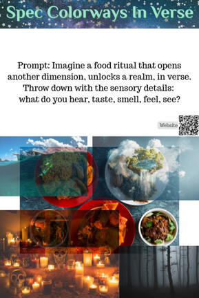 Prompt: Imagine a food ritual that opens another dimension, unlocks a realm, in verse. Throw down with the sensory details: what do you hear, taste, smell, feel, see?